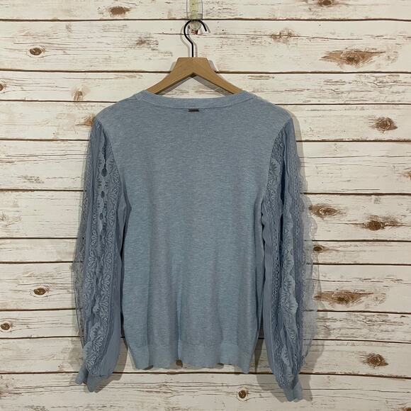 SIONI Lace Trim Balloon Sleeve Knit Pullover - Blue - Medium - Picture 2 of 11